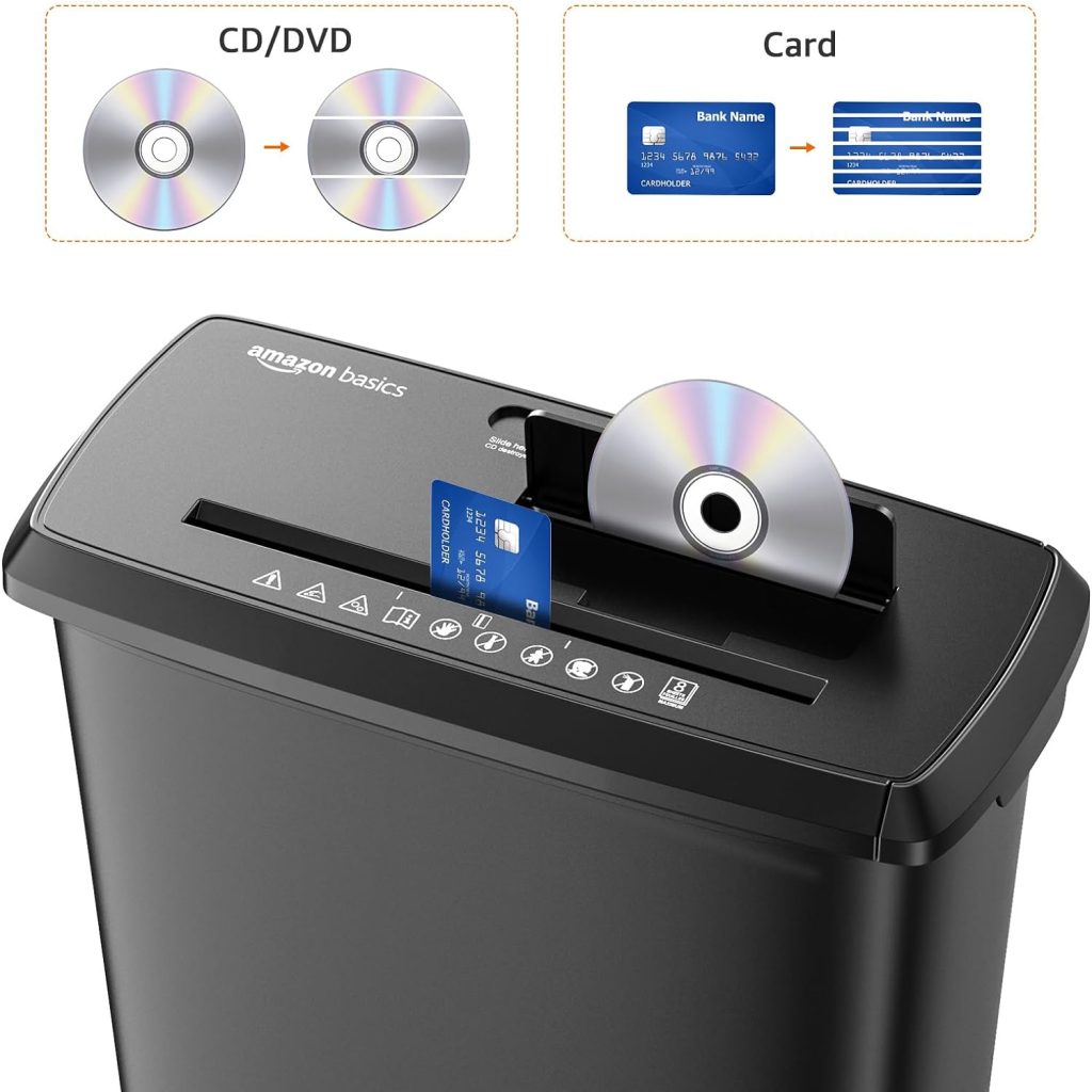 Amazon Basics 8-Sheet Strip Cut Paper, CD, and Credit Card Shredder, Black