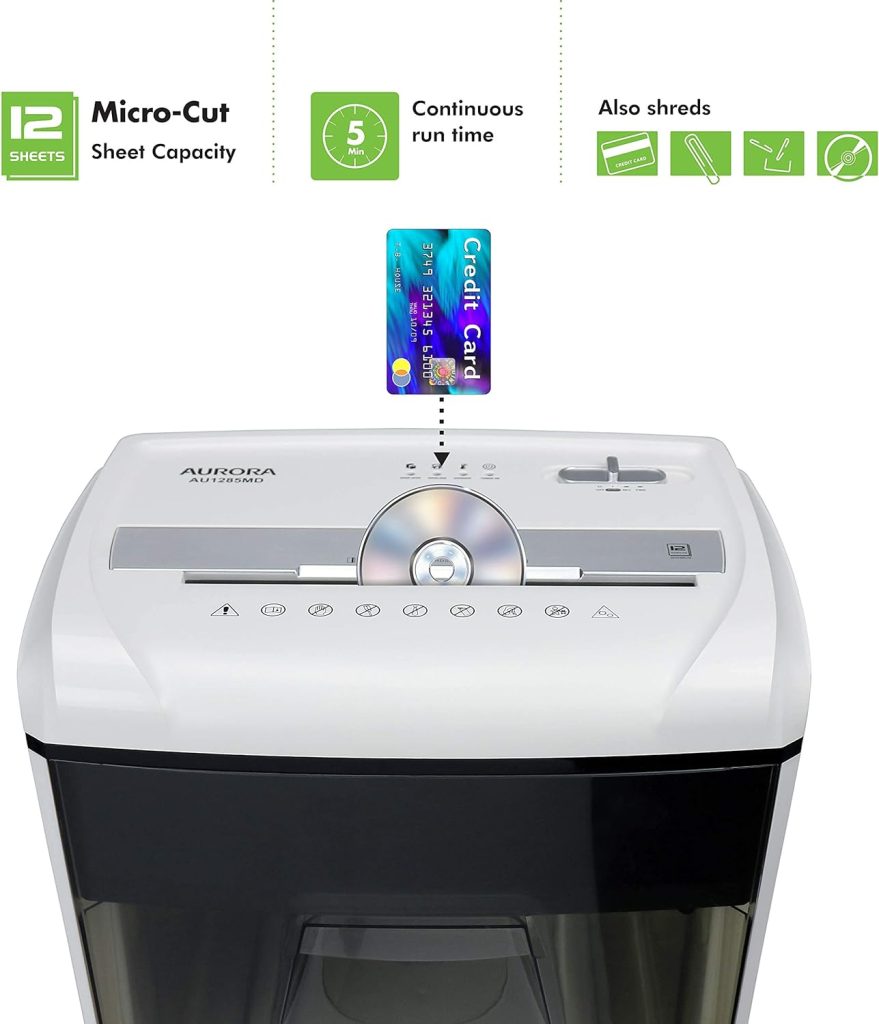 Aurora AU1285MD Compact Desktop-Style High Security 12-Sheet Micro-Cut Paper and CD/Credit Card/Junk Mail Pullout Basket Shredder, White/Black