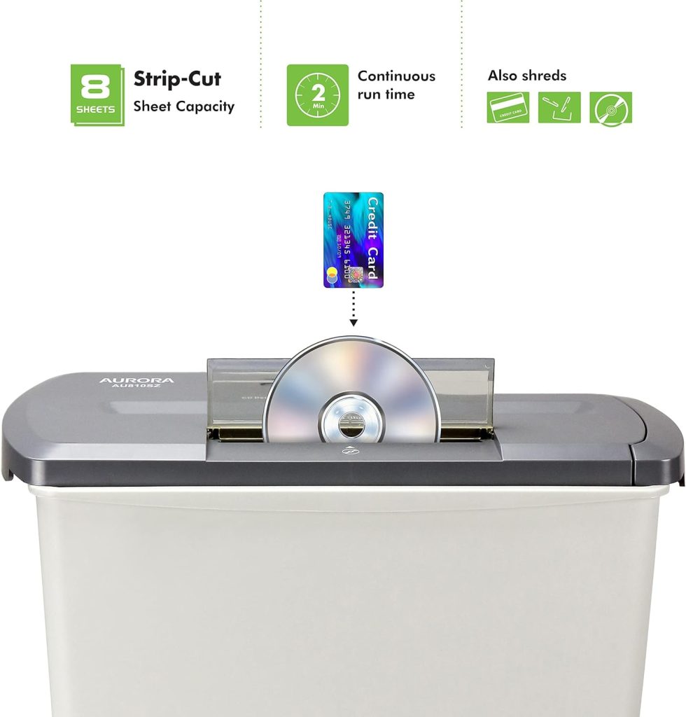 Aurora AU800SD Professional Strip Cut Paper Shredder/CD/Credit Card Shredder Without Wastebasket, 8-Sheet Strip-Cut No Basket, Black