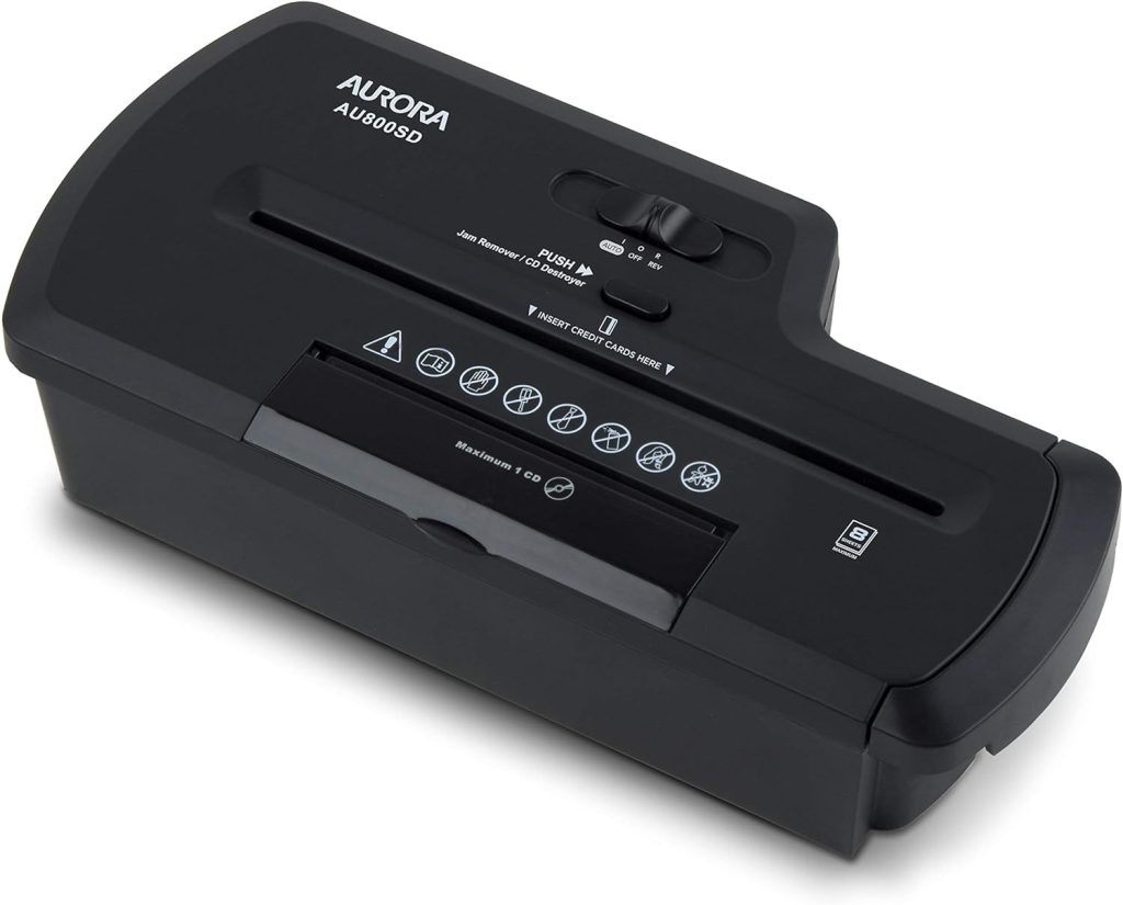 Aurora AU800SD Professional Strip Cut Paper Shredder/CD/Credit Card Shredder Without Wastebasket, 8-Sheet Strip-Cut No Basket, Black