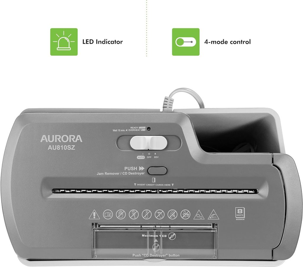 Aurora AU800SD Professional Strip Cut Paper Shredder/CD/Credit Card Shredder Without Wastebasket, 8-Sheet Strip-Cut No Basket, Black