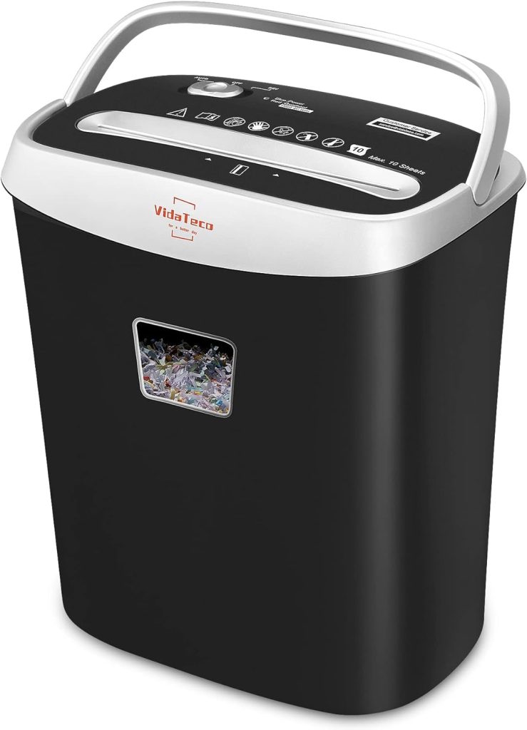 Paper Shredder for Home Office,VidaTeco 10-Sheet Cross-Cut Shredder with US Patented Cutter,Also Shreds Card/CD/Clip,Paper Shredder for Home Use Heavy Duty,Durable with Jam Proof,3.9-Gallon Bin(ETL)